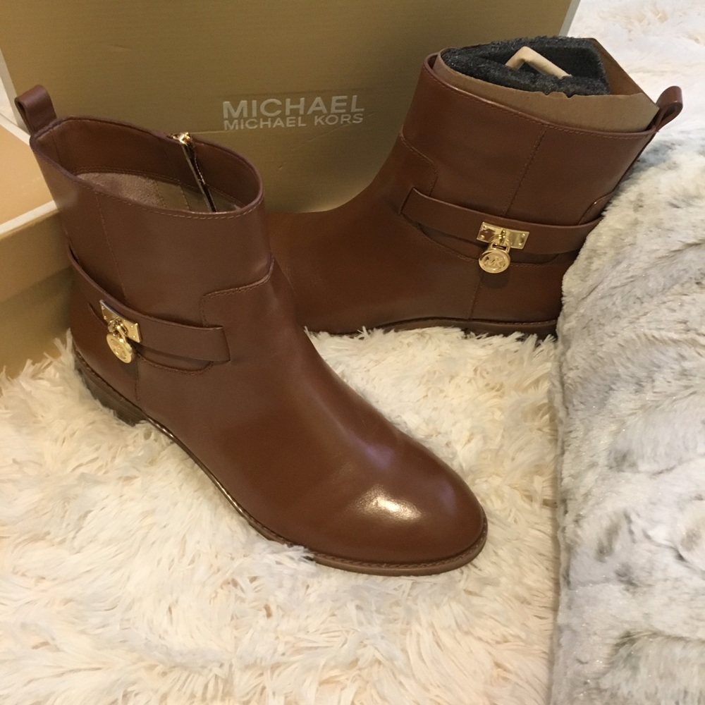 MICHAEL Michael Kors Brown Leather Ankle Boots with Gold Hardware